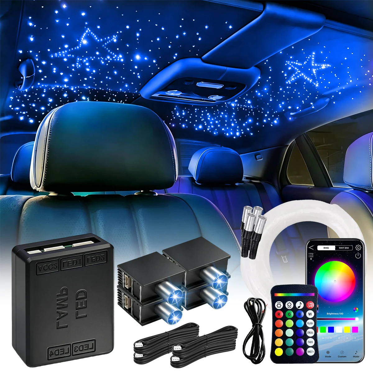 Starlight Headliner Light Kit for Car, 5W RGBW 300‑1200pcs 0.02in Fiber Optic, 3.2ft/4.9ft/6.5ft Star Ceiling Light, APP&Remote Control, Fiber Optic Star Light for Truck SUV Car Ceiling Interior Decoration