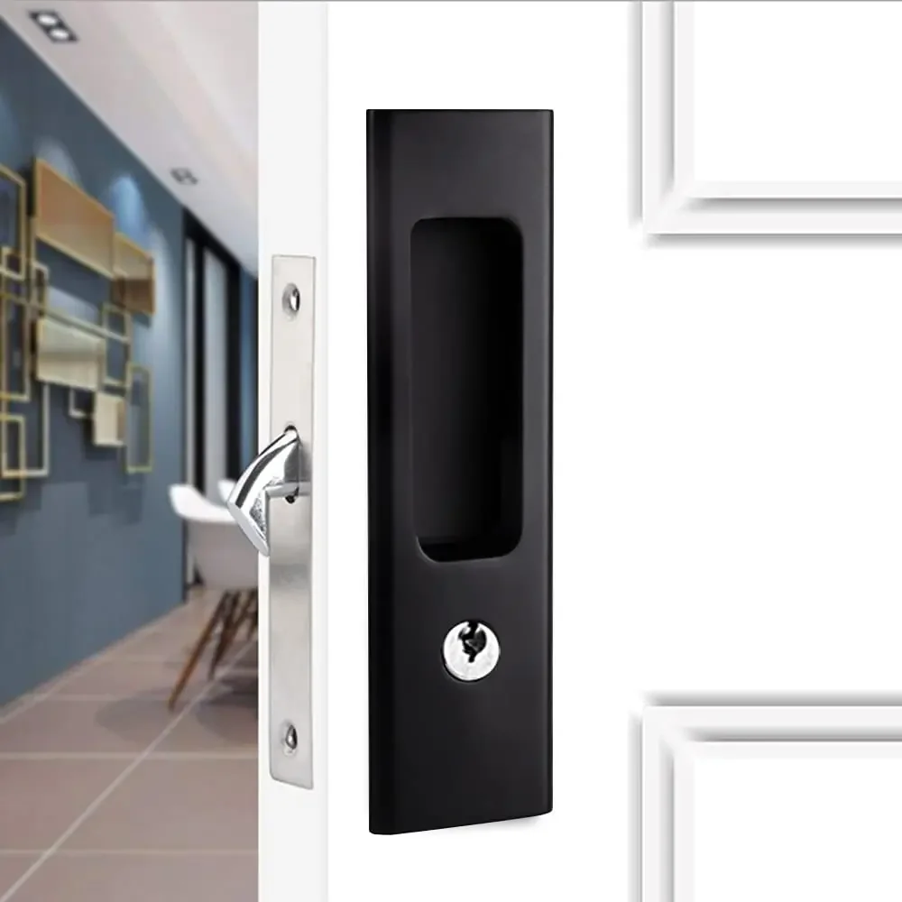 

6.3" Black Invisible Recessed Handle Latch with Keys Interior Pocket Door Lock Sliding Barn Door Lock Furniture Hardware