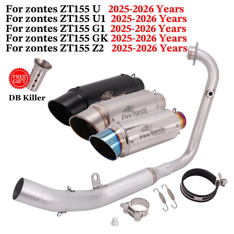 Slip On For ZONTES ZT155 U U1 G1 GK Z2 2025 2026  Full System Motorcycle Exhaust Front Link Pipe With O2 Sensor 51mm Muffler