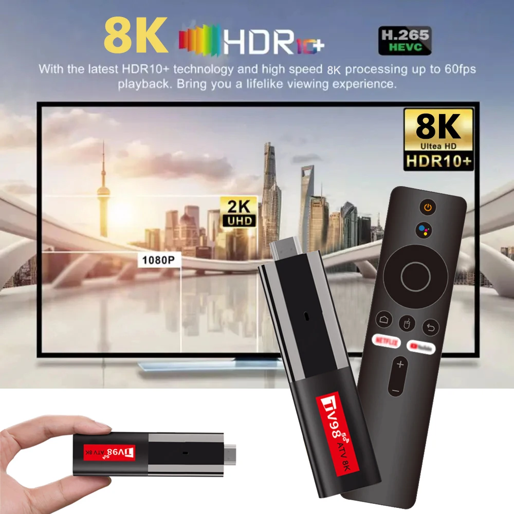 TV98 TV Stick Android 14 Allwinner H618 Quad Core Cortex A53 2.4G/5G WiFi Bluetooth Voice Remote 8K 2GB+16GB Streaming TV box