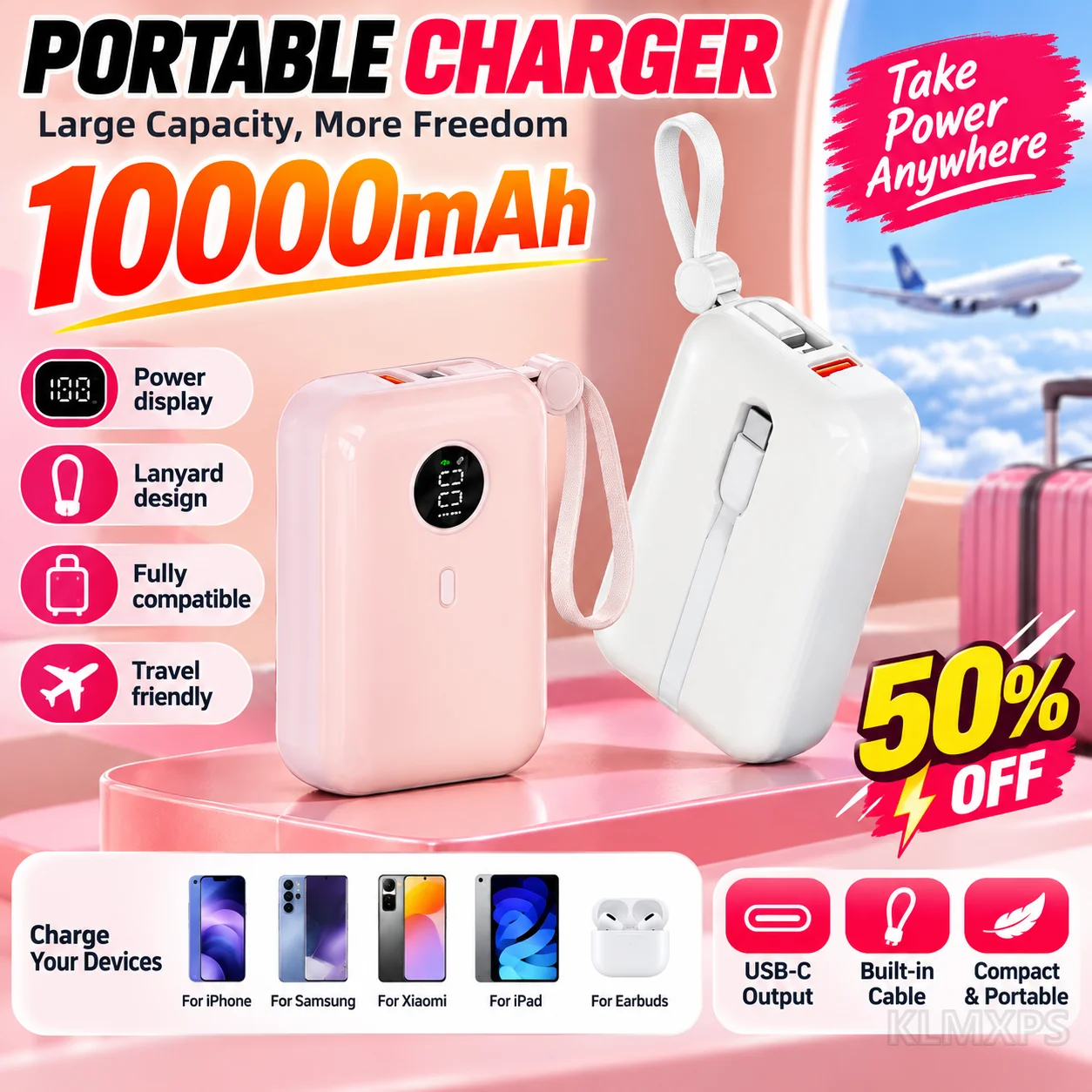 22.5W Fast Charging Power Bank 10000mAh with Built-in Cable Portable Charger For iPhone For Xiaomi Compact External Battery