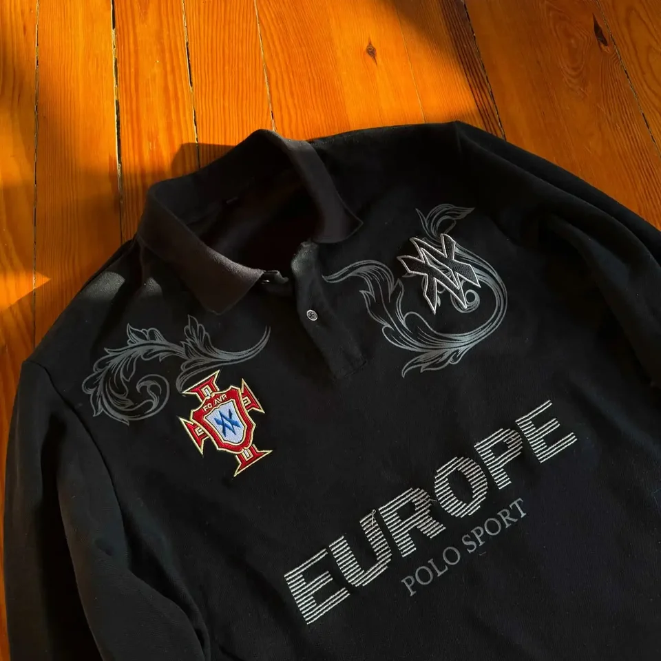 Y2k Polo Shirt Casual Loose Pattern Embroidery Long Sleeve T