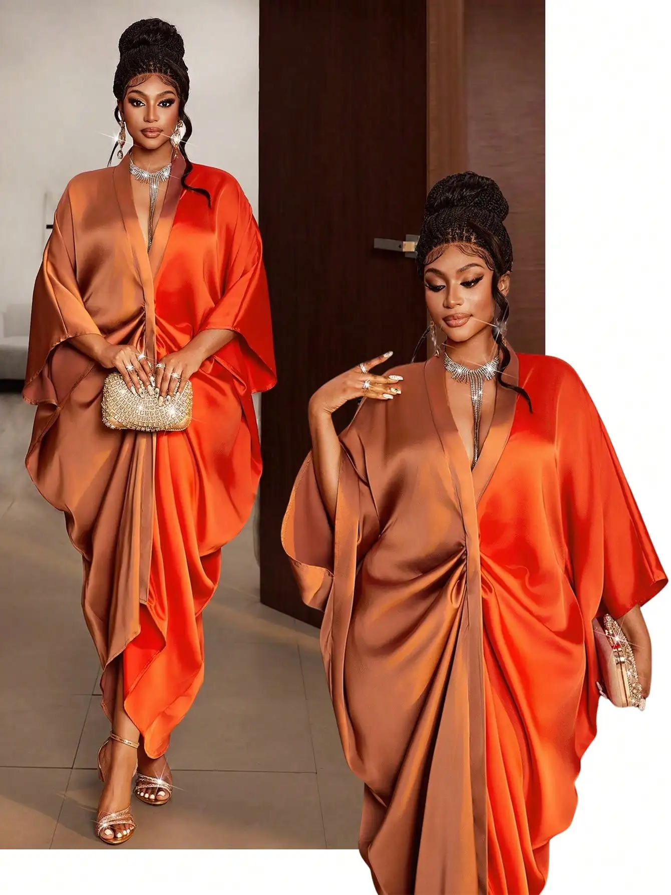 

Ombre Satin Wrap Dress with Front Draping, Plus Size Elegant Evening Gown