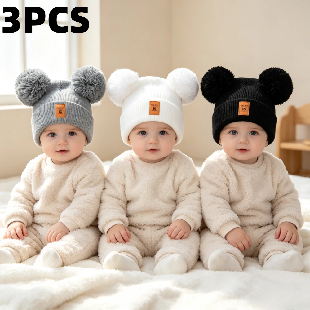 3-Piece Baby 15 Leather Label Winter Warm Knitted Hat with Ball Ball Children's Men's and Women's Knitted Hats