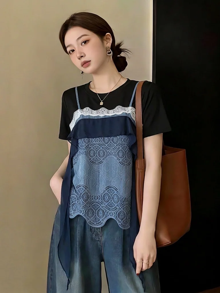 Elegant Lace Short Sleeve T-Shirt Women's Summer New Style plus Size Hollow out Shoulder Bells Top Korean Style Commute Wind
