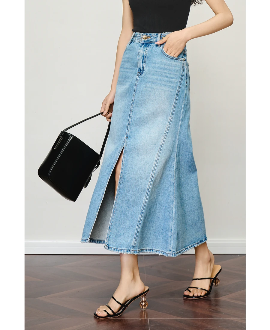 

OLrain Women's 2025 Casual Denim Thin Blue Midi Rivet Skirts Woman A-LINE Trumpet Ladies Jean Skirt Smmer Clothes O57XB99562