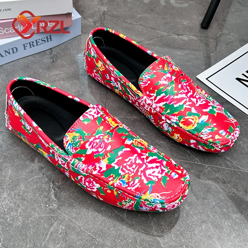 YRZL Luxury Print Men Handmade PU Leather Loafers Casual Driving Flats Slip-on Men Size 38-48 Comfy Moccasins Shoes for Men