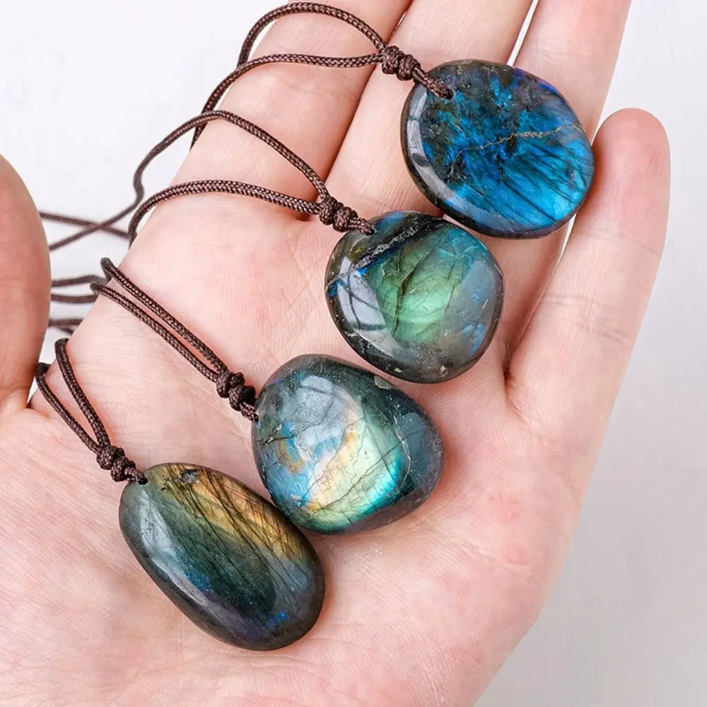 Raw Stone Polishing Natural Labradorite Pendant With Rope Ethnic Style Crystal Labradorite Pendent Exquisite