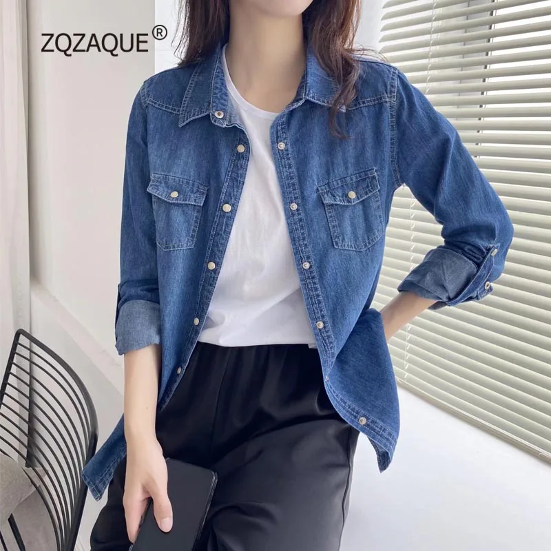 

Women's Vintage Style Denim Shirt Autumn Shirt New Korean Fashion Blue Color Loose Long Sleeve Blouse High Quality Tops 2704