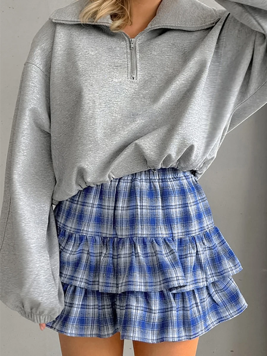 Damska mini spódnica w kształcie litery A Casual Summer Plaid Print Ruffled Layered Skirt for Beach Vacation Club Streetwear