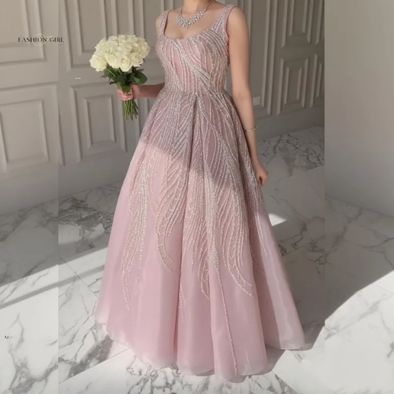 

Customized Pink Sequin Evening Dress Women A-Line Sleeveless Party Dress Luxury Formal Gown Cocktail Dress Elegant Long Length