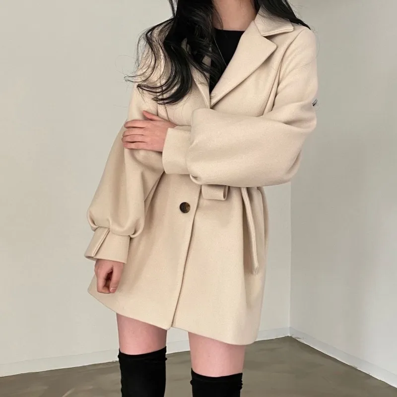 HOUZHOU Winter Vintage Wool Coat Women Autumn Winter Korean Fashion Oversize Jacket Old Money Style Streetwear Tweed Outwear