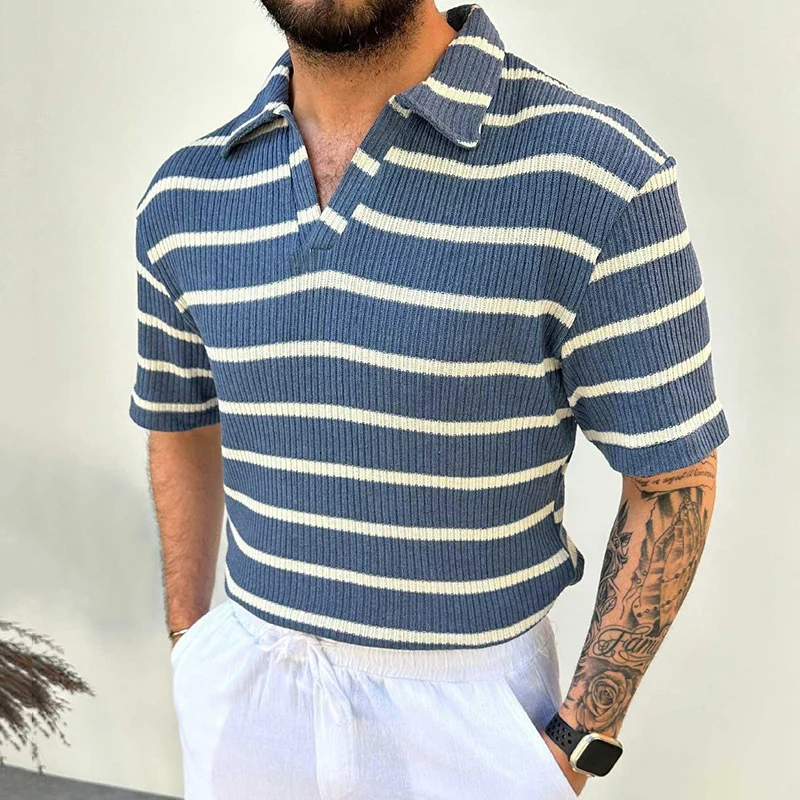 Knitting Mens Polo Shirt Stylish Striped Patchwork Polo Collar T Shirts Men 2024 Summer New Casual Breathable Short Sleeve Polos