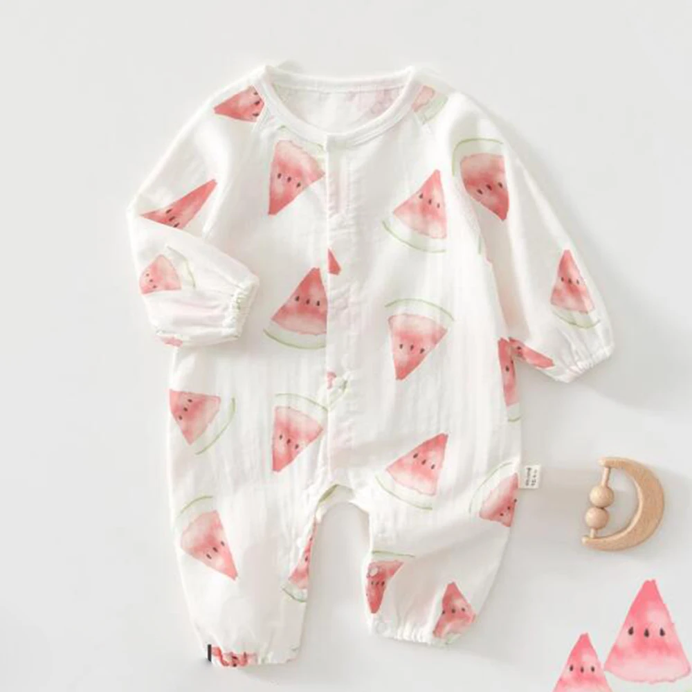 Newborn Baby Jumpsuit 100% Cotton Gauze Summer Thin Baby Boy Romper Fruit Print Unisex Baby Girl Boutique Clothing