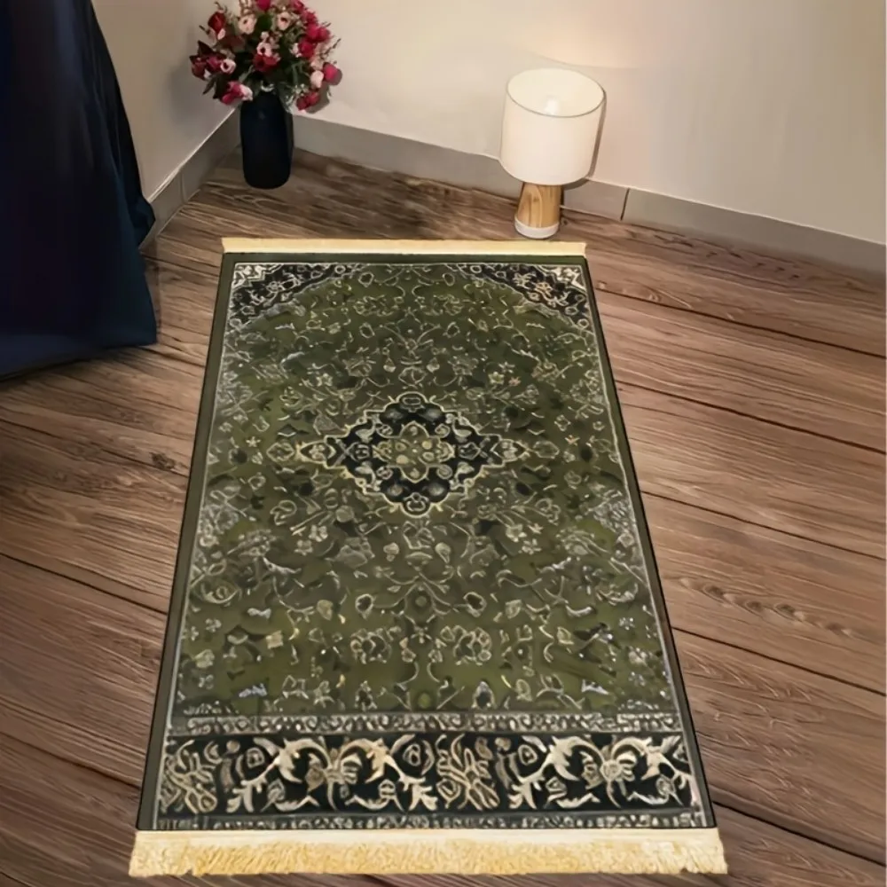 Green Gold Vintage Medallion Floral Islamic Prayer Rug Polyester Portable Muslim Salah Mat Ramadan Home Decor Prayer Carpet