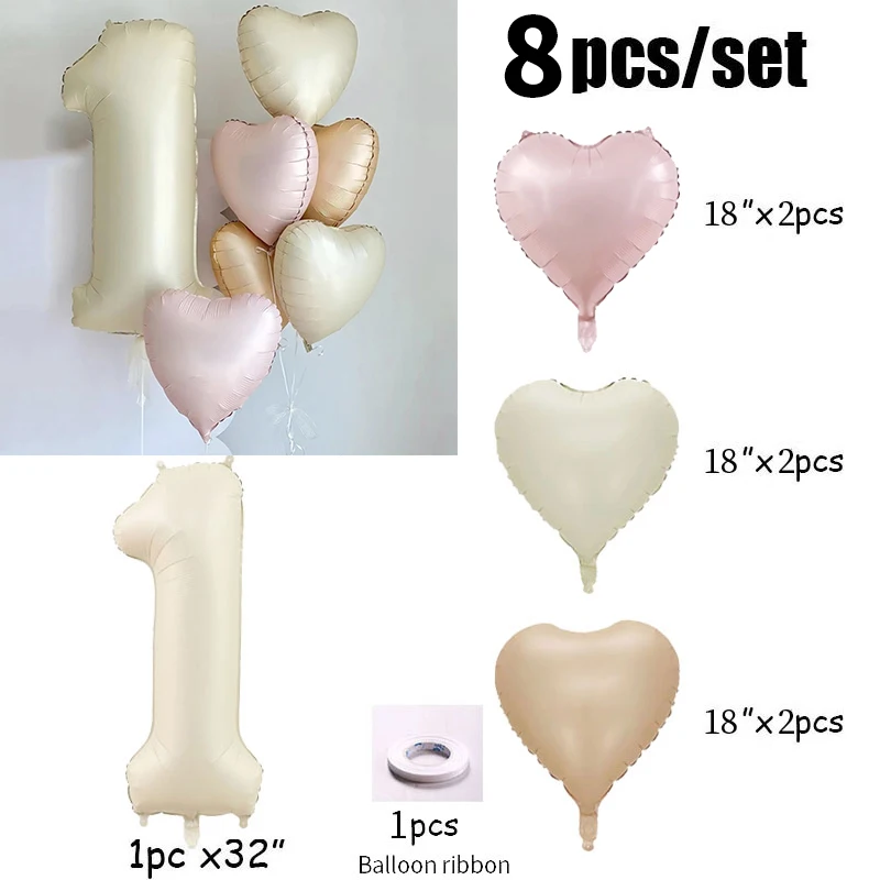 8pcs Cream Color Number Heart Foil Balloons 1st Birthday Party Decorations Kids Girl Boy First One Year Anniversary Supplies