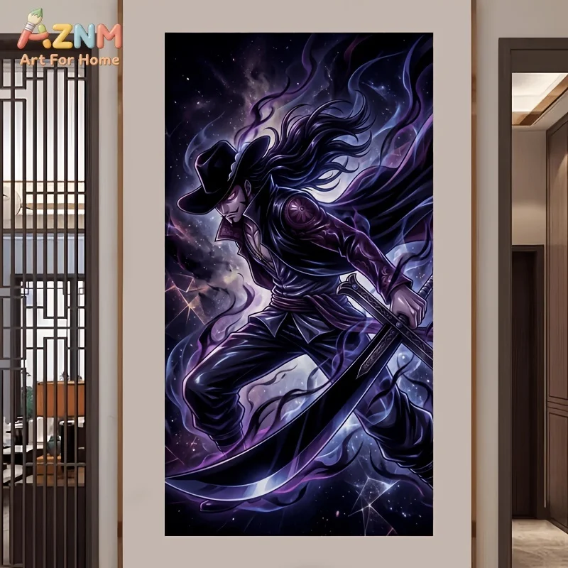 AZNM One Piece Dracule Mihawk Purple Nebula Dark Smoke Anime Canvas Wall Art Hawk Eyes Swordsman Print Unframed Canvas Painting