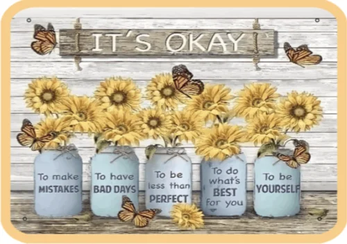 Можно совершить ошибки, цитата о жизни, Подсолнухи, бабочки, металлический знак, налет