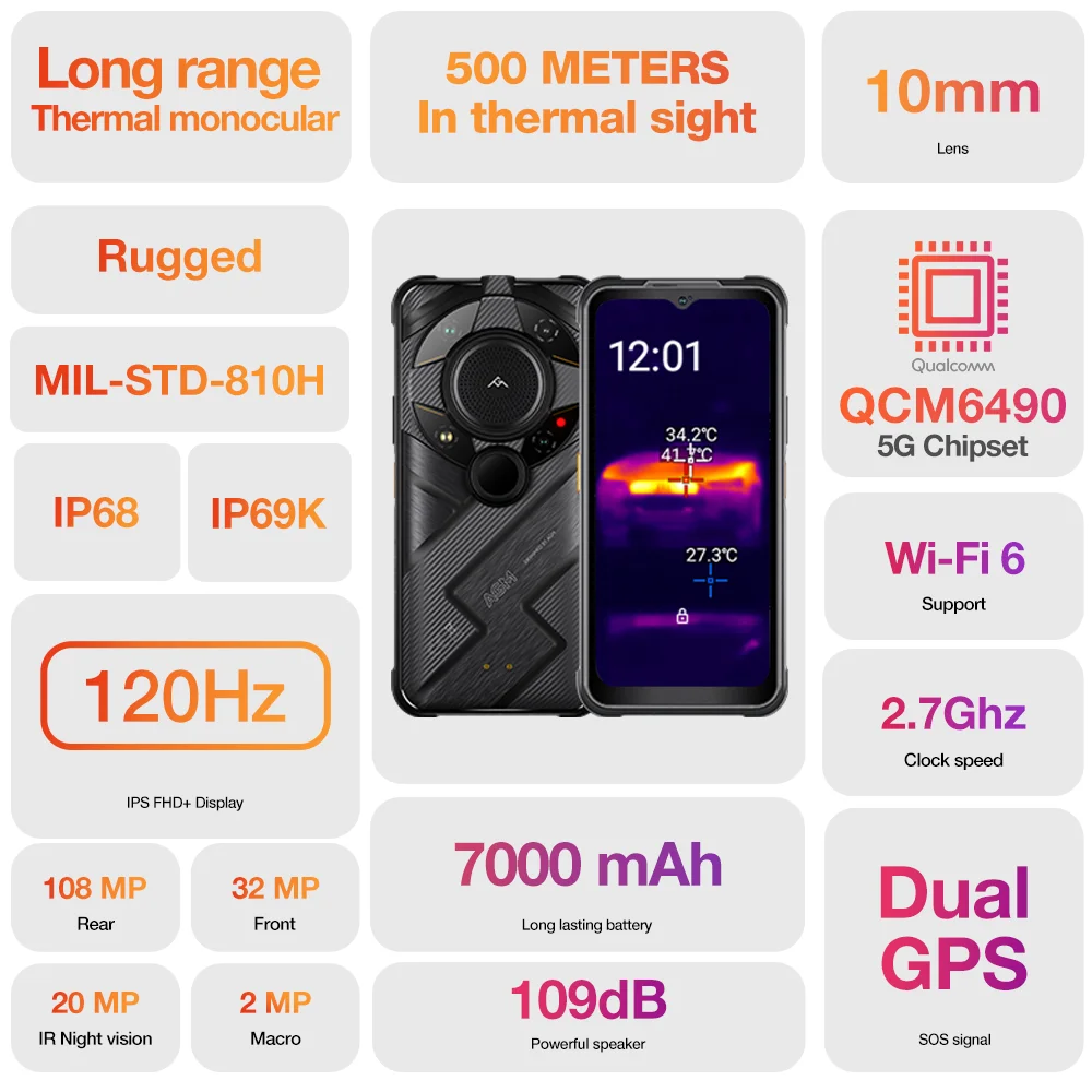 AGM G2 Guardian 5G robuuste smartphone, 8+256G, 500m warmtebeeldcamera, 10 mm lens, 25FPS, 108MP+32MP camera, 7000mAh batterij,