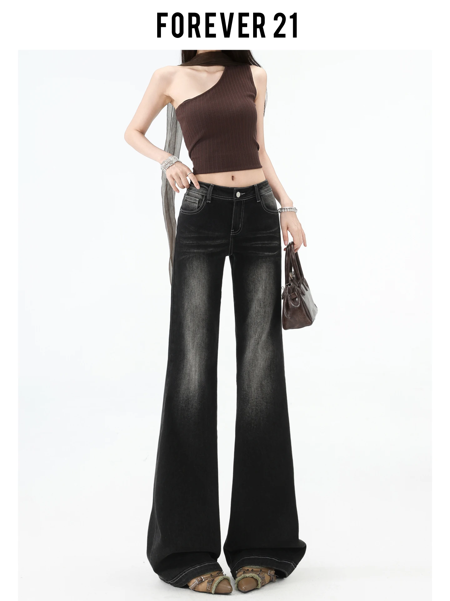 Calça Jeans Feminina Forever 21 Estilo Americano Retrô de Cintura Alta Boca de Sino, Calça Reta Slim Sexy em Jeans Preto Casual e Moderna