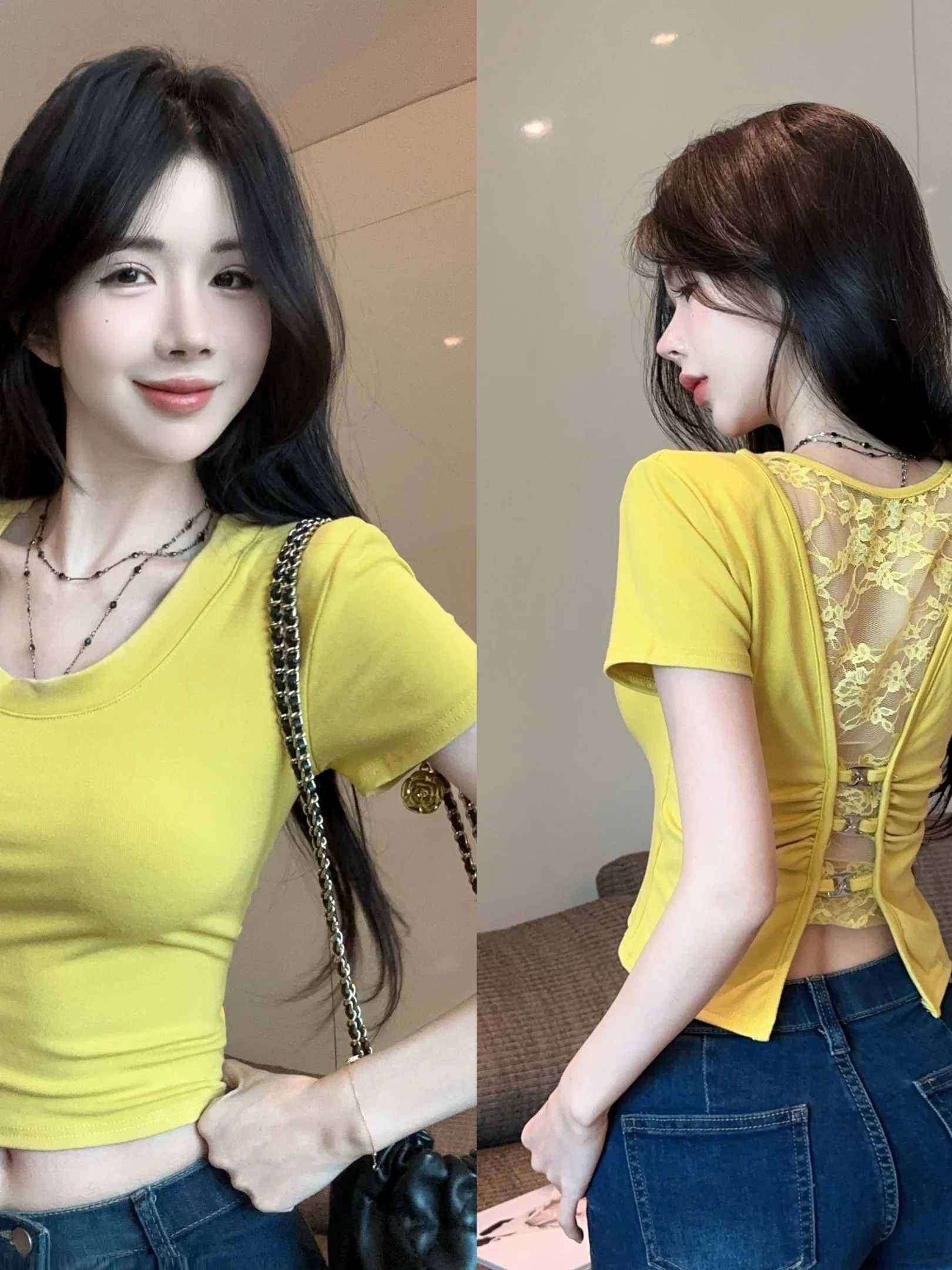 

Unique Beautiful Back Hollow out Lace Splicing Slim Fit Short Sleeve T Shirt Date Casual Chic Style Nicole Rose Summer Top