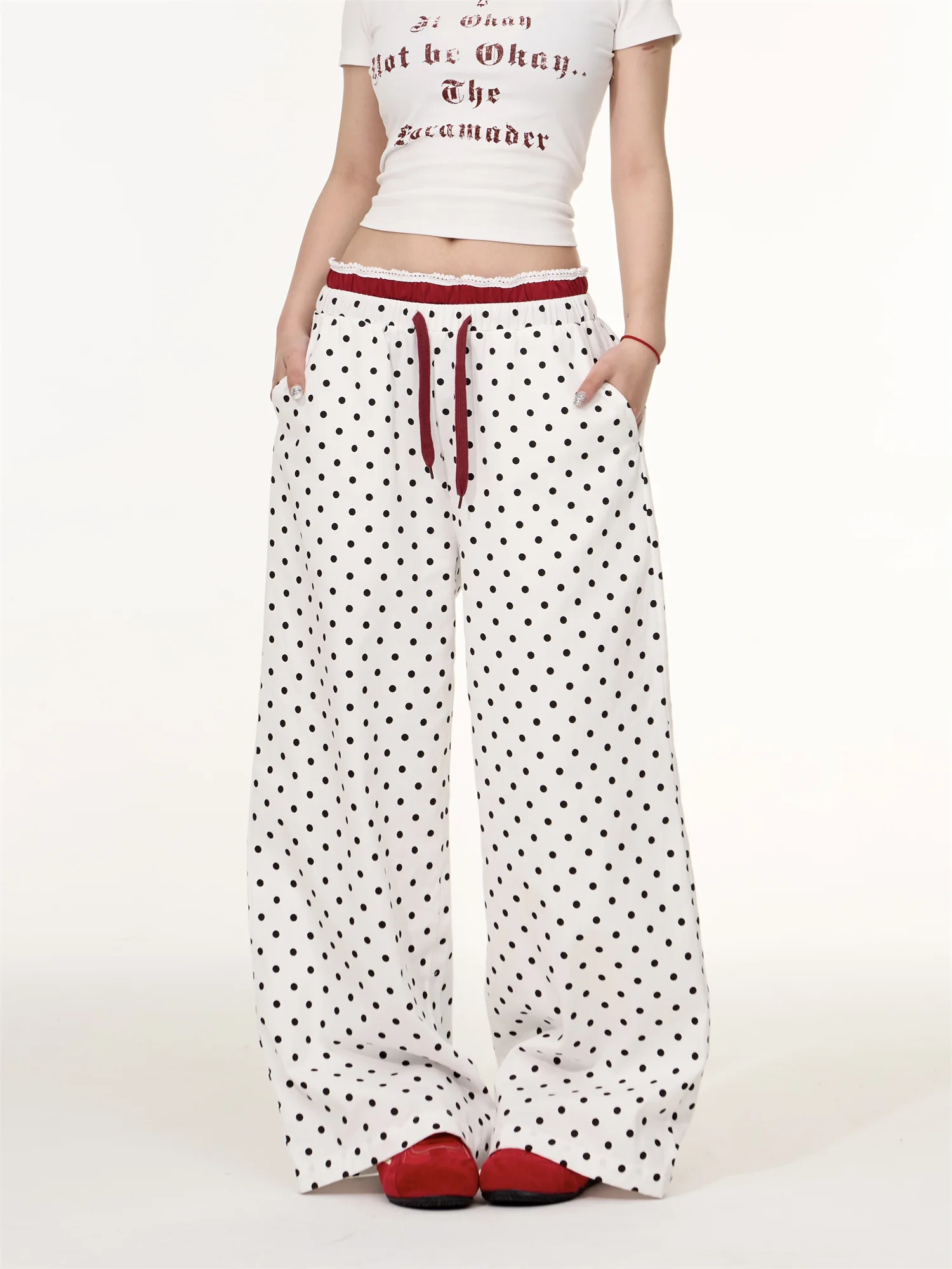 

American Retro Polka Dot Print Casual Pants Women Summer Loose Slimming Belted Wide Leg Pants Floor Length Trousers