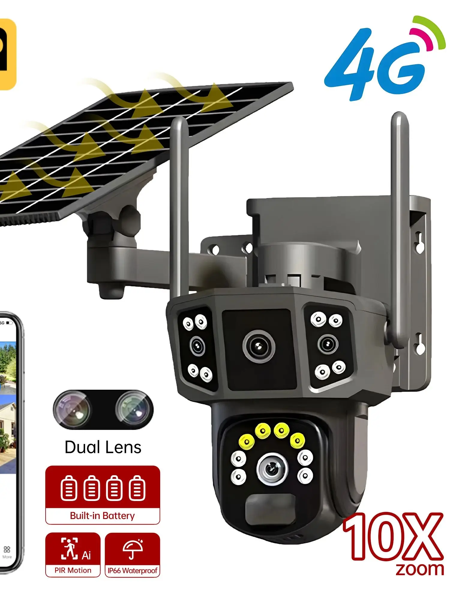 Câmera solar 4g cartão sim wifi rede sem fio 360 ip 8mp 4k hd cctv bateria lente dupla ao ar livre