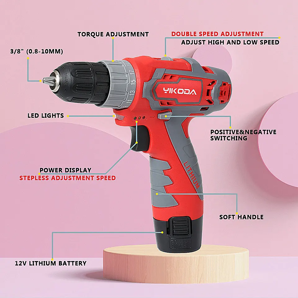 YIKODA 12V/16.8V/21V Electric Drill Rechargeable Lithium Battery Two Speed Cordless Screwdrivers Parafusadeira Power Tools