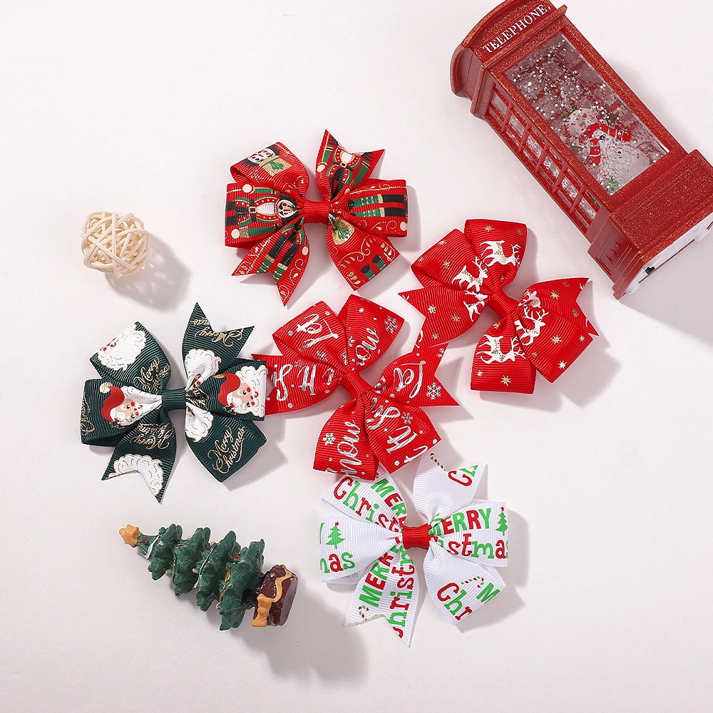 

10Pcs/Set Baby Girls Christmas Hair Bows Clips Festive Grosgrain Ribbon Santa Snowflake Pinwheel Hairpins Hair Accessories