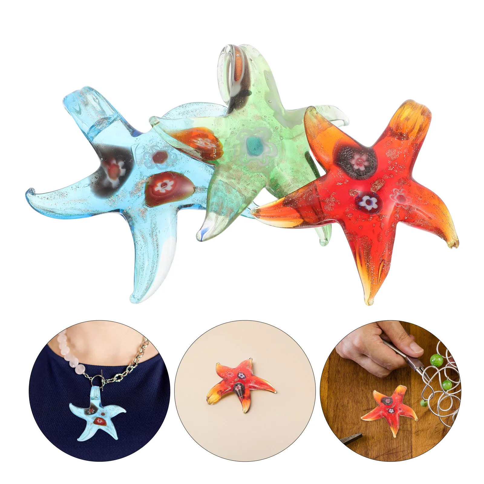 3Pcs Painted Glass Sea Star Pendant Nautical Ocean Animal Charm Lightweight Jewelry Summer Beach Party Women Present