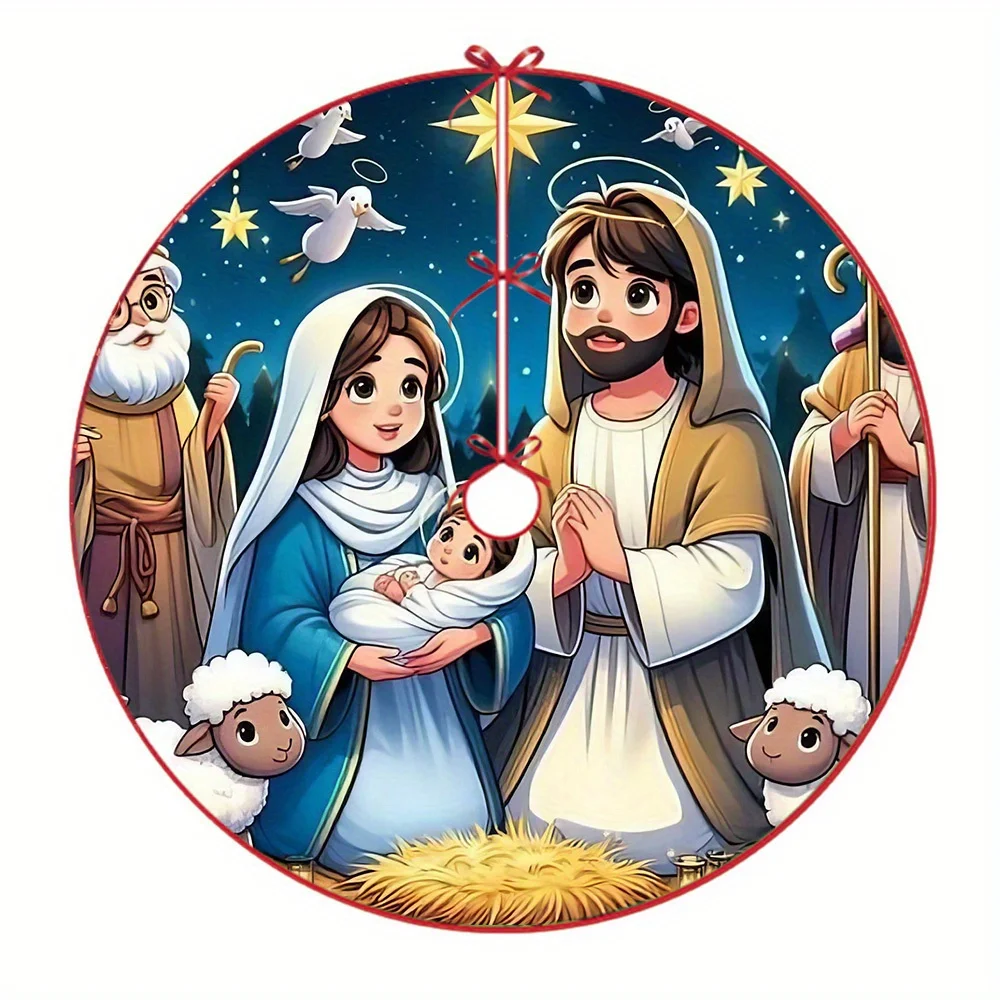 VIKAMA Nativity Scene Christmas Tree Skirt Holy Family Three Wise Men Tree Base Cover view 5