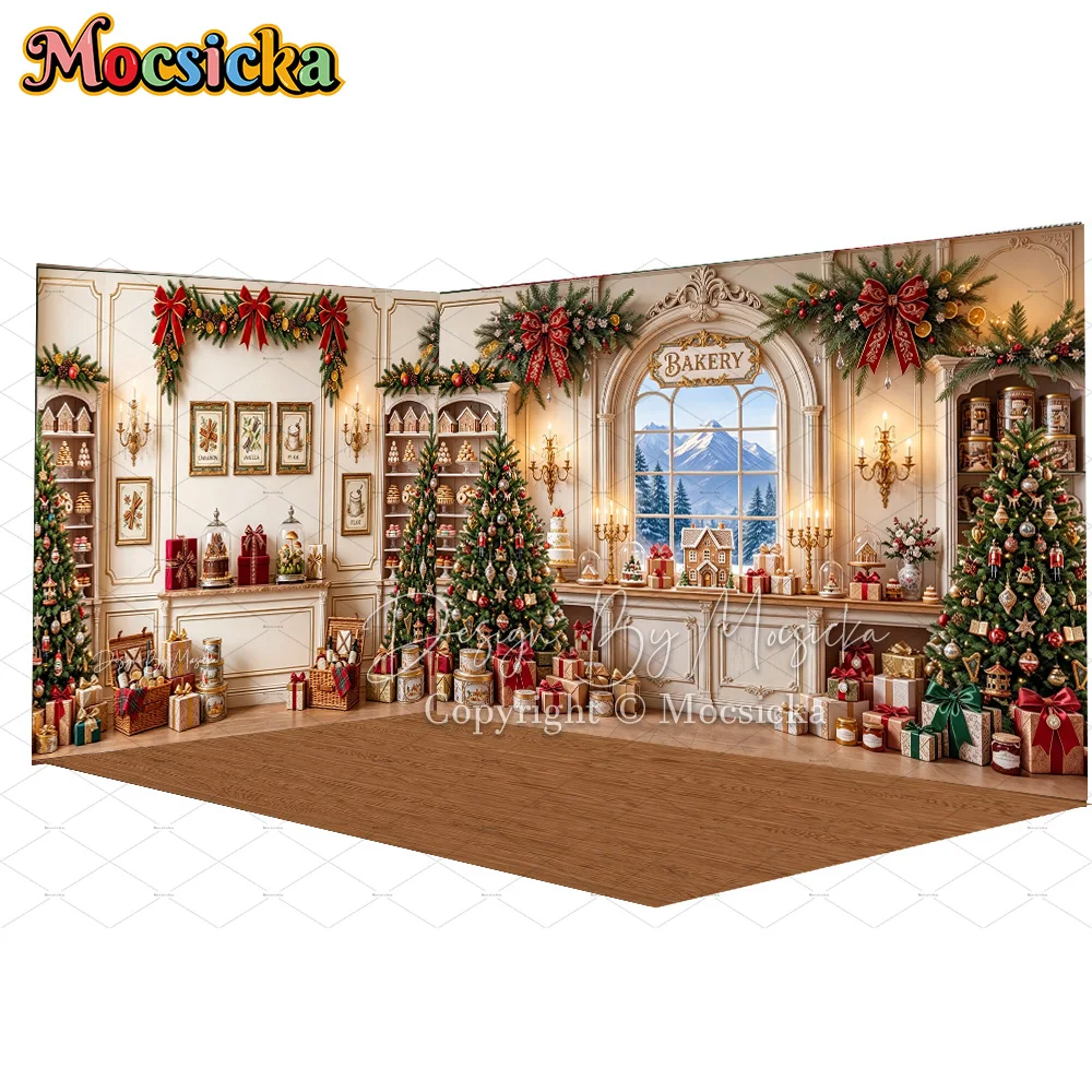 Mocsicka Retro Christmas Bakery Room Backdrop Photography Xmas Tree Gift Window Background Winter Family Holiday Portrait Studio