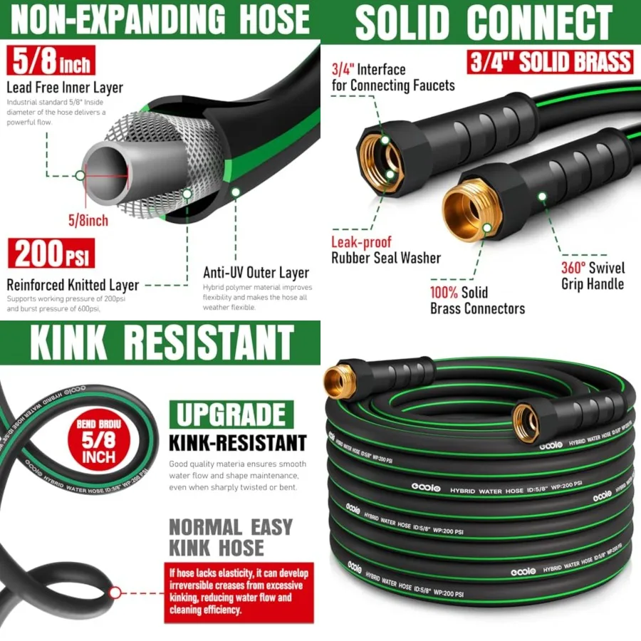 

Heavy Duty Garden Hose 50Feet, NON-EXPANDABLE Flexible Water Hose, Kink Resistant Lightweight Hybrid Hose, Leakproof Hose Male