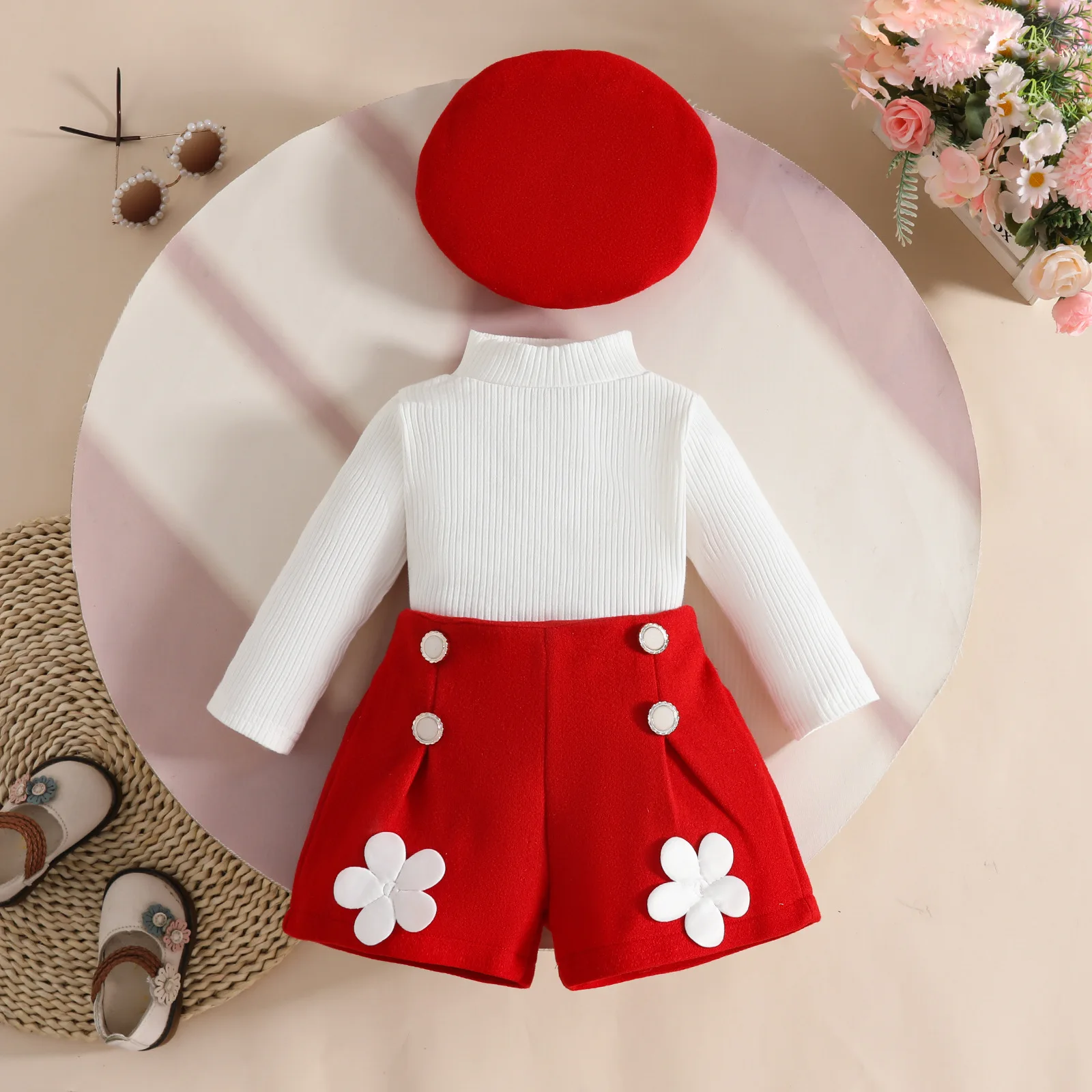 

Autumn Toddler Baby Girl Fall Outfits Long Sleeve Turtleneck 3D Flower Tops Shorts Set Spring Infant Girl Clothes Outfit