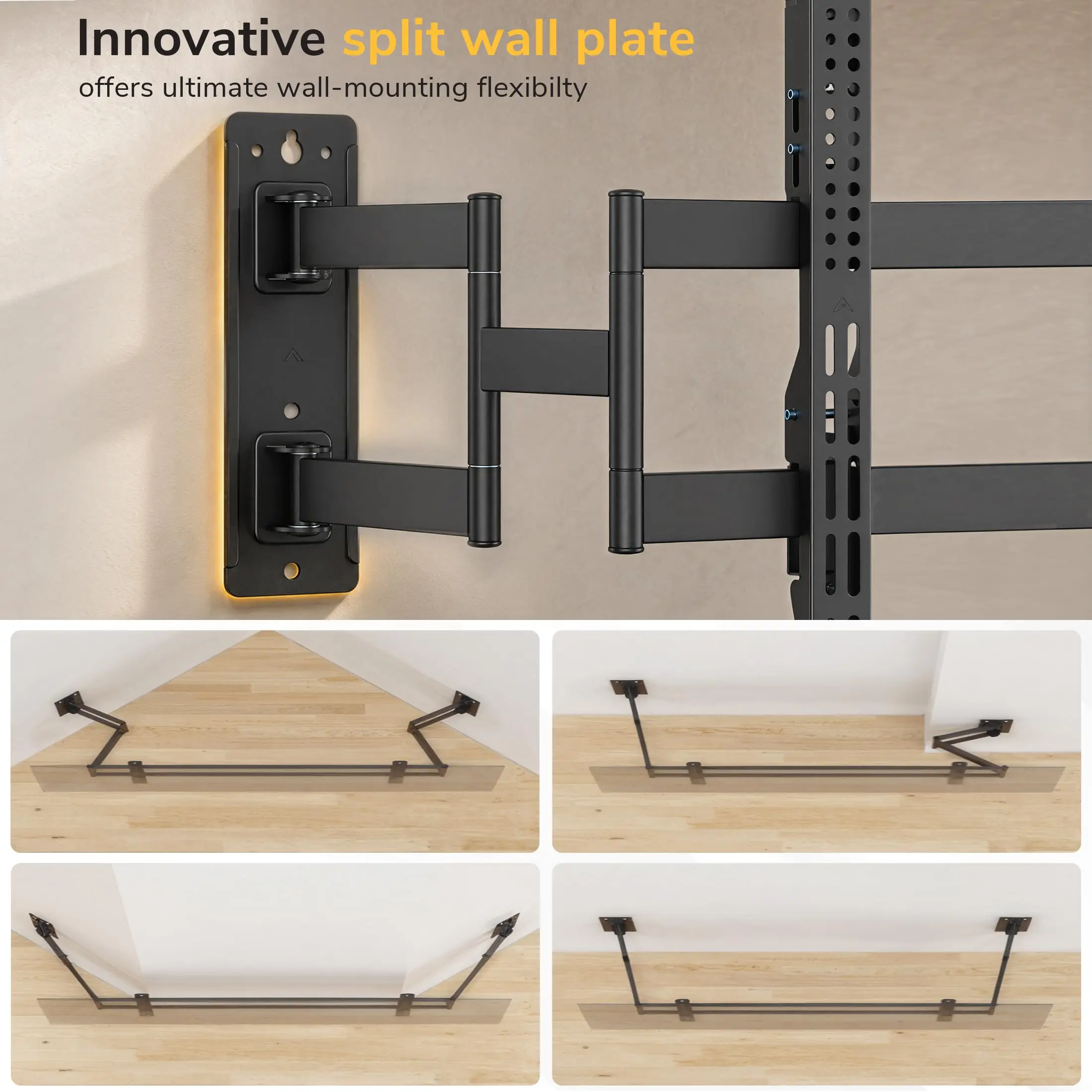 Corner TV Wall Mount for 43–90 Inch TVs, Full Motion Split Wall Plate, Fits Flat, Inside & Outside Corners, Dual Arm