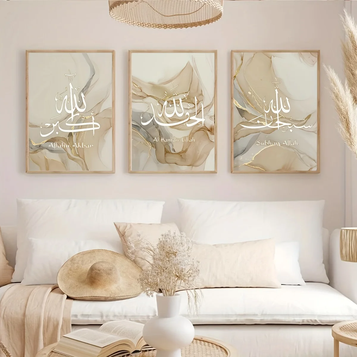 3 قطعة قماش جدار إسلامي غير مؤطر ديكور فني القرآن الكريم الخط العربي قماش اللوحة ، الخط الإسلامي الله أكبر البيج