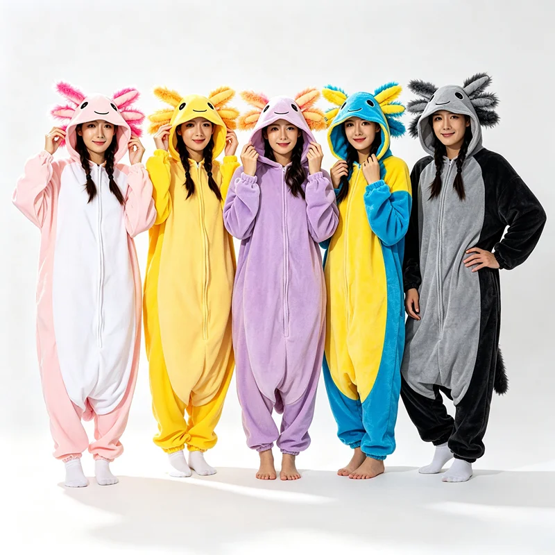 Onesieshow Animal Kigurumi Pyjamas Halloween Onesie Adult Cartoon Pink Purple Axolotl Pajama Cosplay Party Women Men Homewear