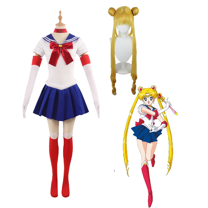 

Anime Sailor Moon Cosplay Costume Tsukino Usagi Uniform Dress Outfits Cosplay Yellow Wig Halloween Carnivl Party Women Kids