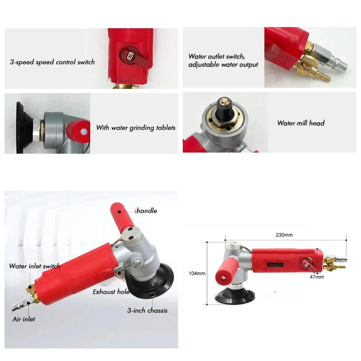 3/4 Inch ，M16 Air Pneumatic Sander Water-feed Mill Wet Polisher Tool Machine for Stone Polishing，4300rpm Water Mill