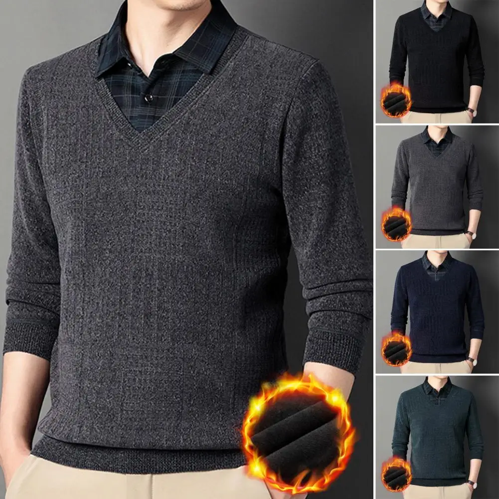 2024 New Fall Winter Men Sweater Fake Two-piece Men's Cashmere Sweater Vest V-neck Sweater Men's Knitted Plush Vest Pullover