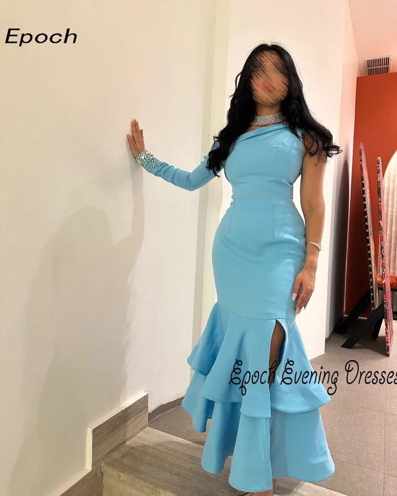 Vestido de noite simples com babados para mulheres, elegante com um ombro, coquetel azul sexy, vestido de baile,