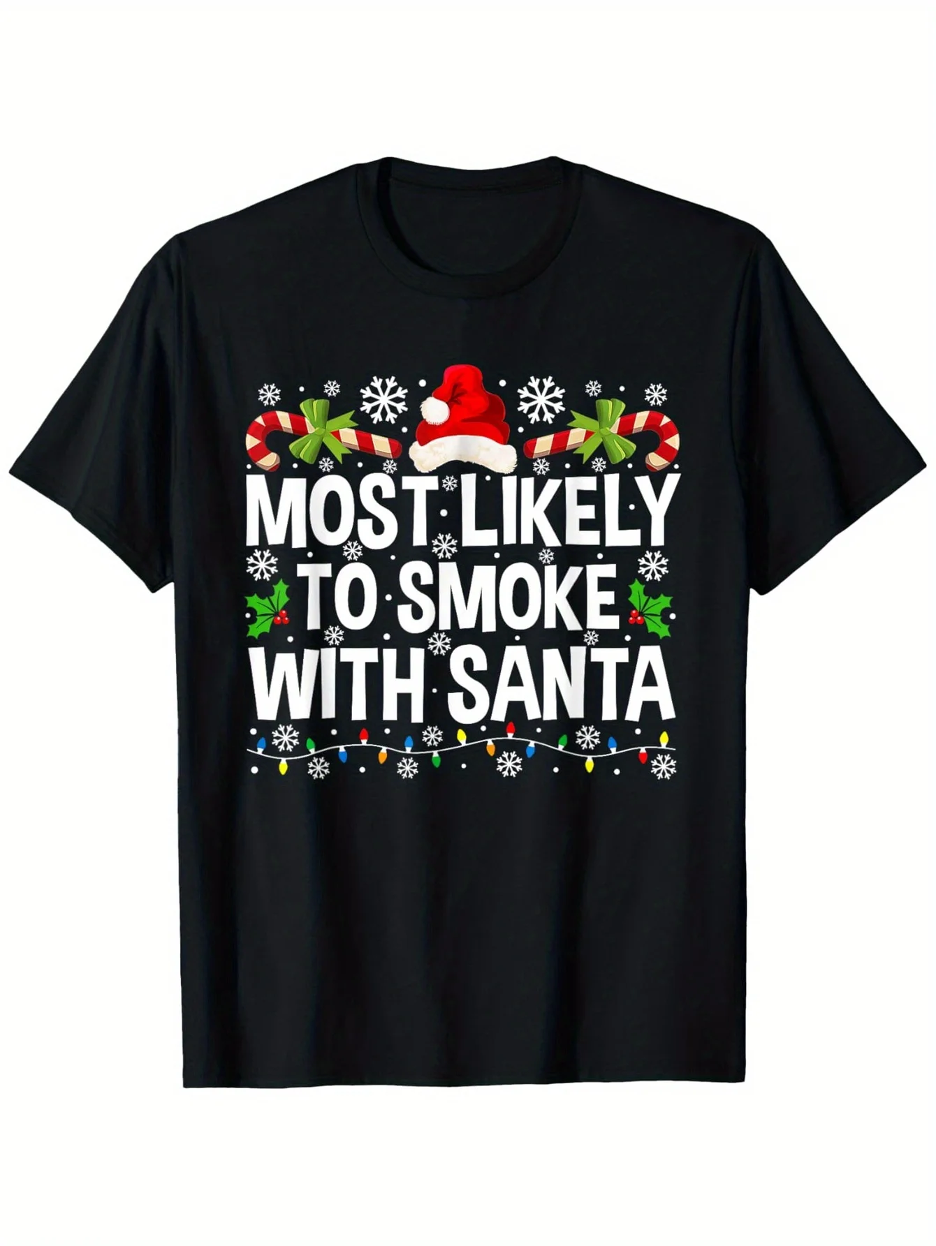 Most Likely to Smoke with Santa Christmas Family Matching T-Shirt – Festive Holiday Design with Santa Hat, Snowflakes & Lights