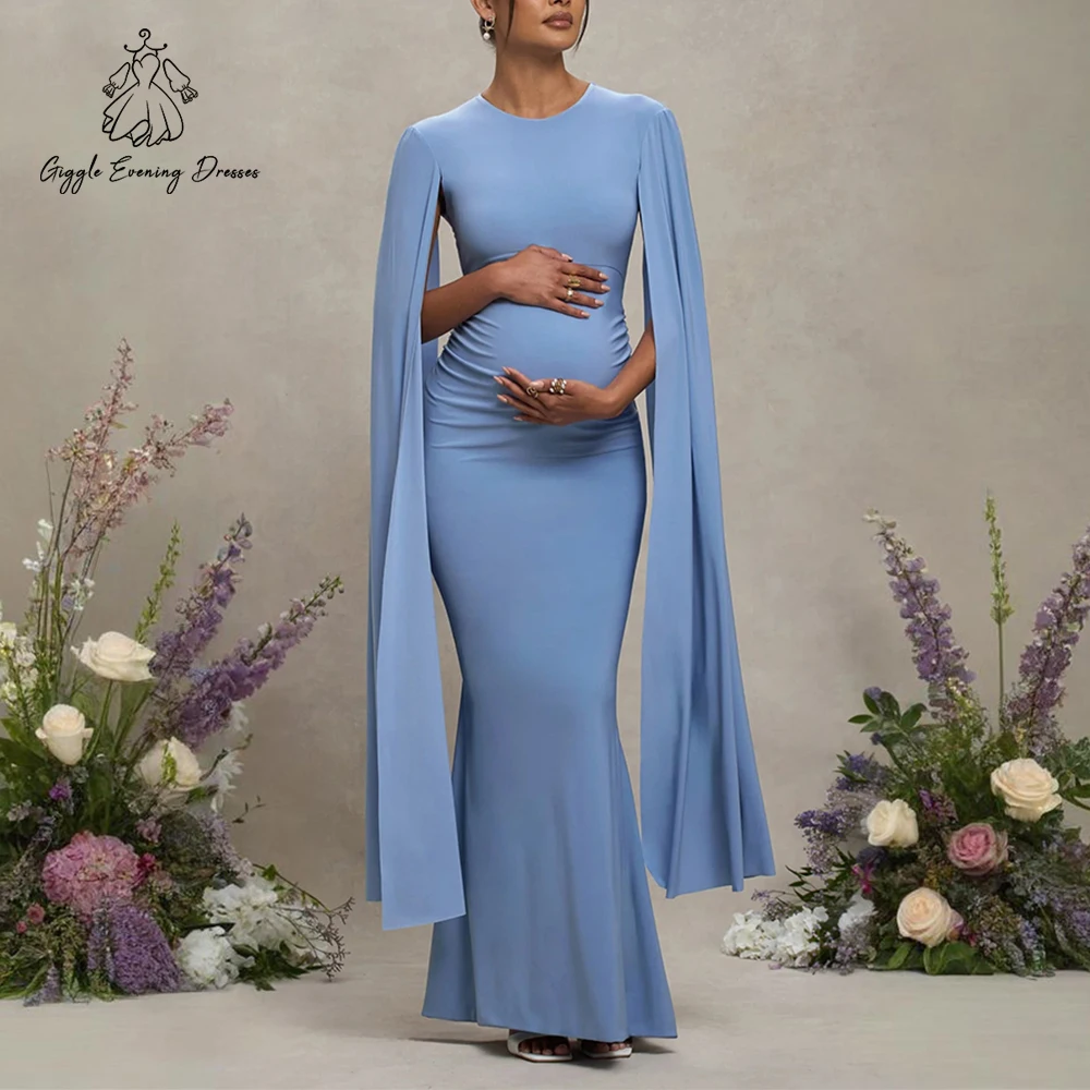 Giggle Elegante blaue Satin-Meerjungfrau-Abendkleider mit Flügelärmeln, einfaches Damen-Schwangerschaftskleid, Fotografie, Freizeitkleider, individuell gestaltet