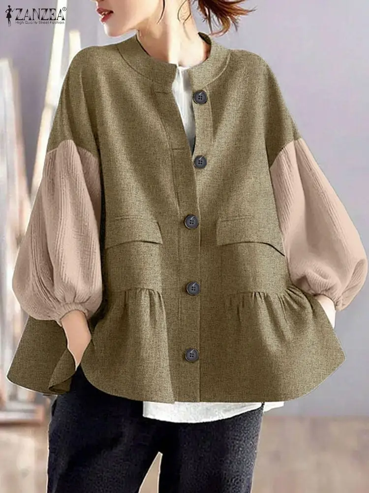 

ZANZEA, осенне-зимние рубашки с длинными рукавами, женская цветная лоскутная блузка, мода 2025, повседневные топы с рукавами-фонариками, туника большого размера