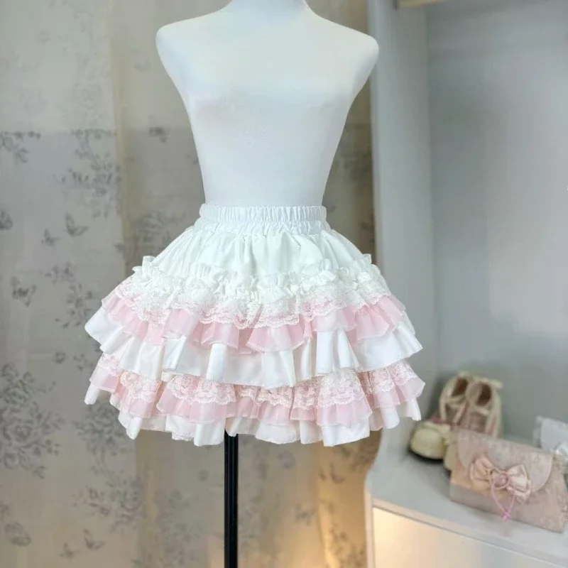 Princess Vintage Cake Skirt  Sweet Kawaii Women Cute Lace Ruffles Party Mini Skirts Harajuku Y2k Faldas Mujer