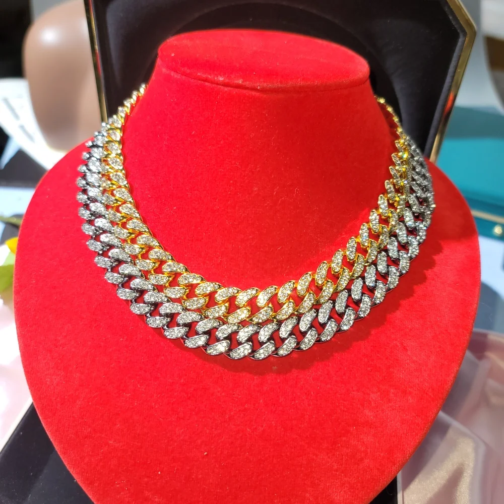 

Hip Hop Luxury All Rhinestone 13MM Cuban Chain For Women Necklace Neck Male Jewelry Accessories For Her Gifts