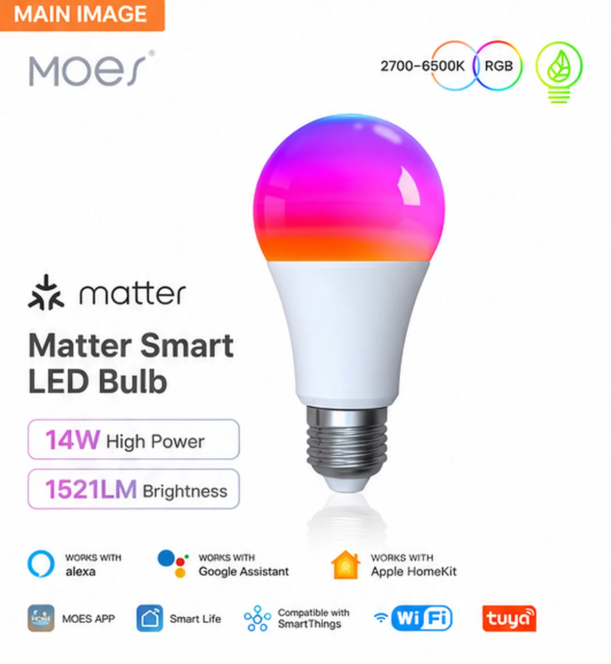 MOES Matter Smart LED Bulb E27 14W 1521LM RGB+CCT WiFi Dimmable Light Works with Alexa Google Home Apple Home SmartThings