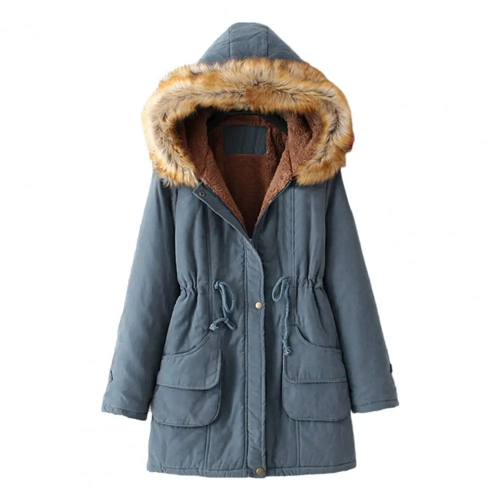女性用ミッドレングスコットンジャケット,巾着付きフェイクファー,フード,フリース,ジッパー,ボタン,防風,アウター,冬