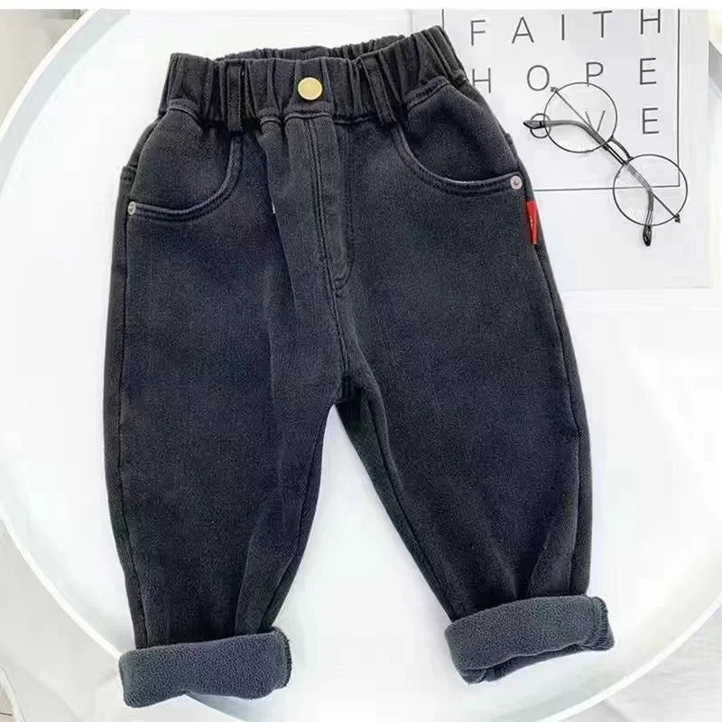 Baby Winter Jeans Children Thick Velvet Warm Denim Pants for Girls Slim Leggings Kids Blue Fleece Trousers 2024 New