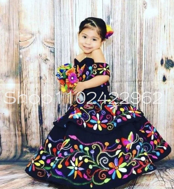 Black Mexican Charro Mini Quinceanera Dresses Off Shoulder Floral Embroidery Toddler Flower Girl Dress vestido catrina nina